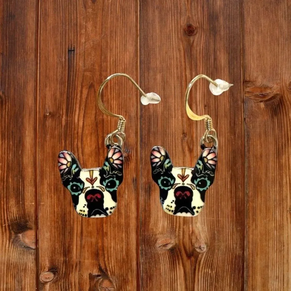 Indio Jewelry Enamel French Bull Dog Stainless Steel Gold Earrings #2309